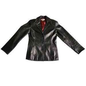 Casual Corner black 3 button closure notched collar leather jacket sz S